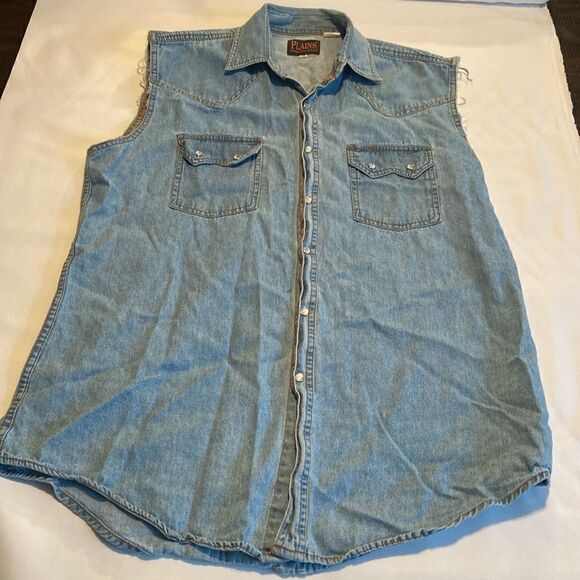 Plains Western Wear Cut off Sleeve Blue Jean Shirt M - Picture 1 of 7
